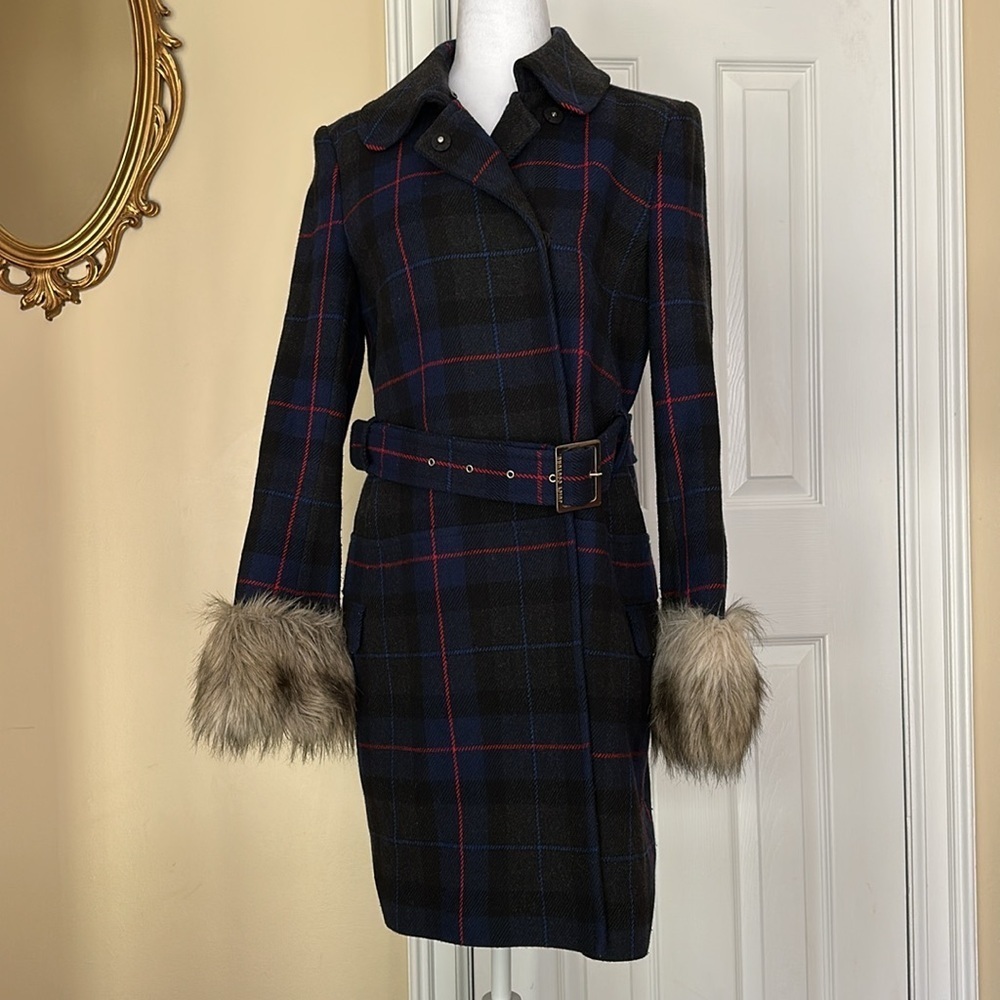 Juicy Couture Wool Blend Plaid Belted Coat Faux Fur Cuffs Missing Collar M